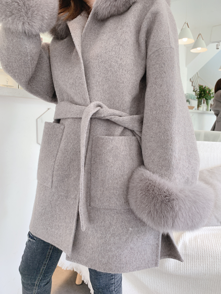 Abrigo de piel sintética FURYOUME para mujer, chaqueta de invierno de gran tamaño, mezcla de lana de Cachemira suelta, ropa de calle, capucha Natural, cinturón 221006