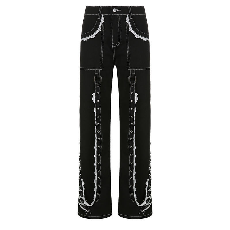 Kvinnors jeans Mingliusili Lace Splice Baggy Women Spring Gothic Flares Pants High Street Fashion Streetwear Black Denim Trousers 221007