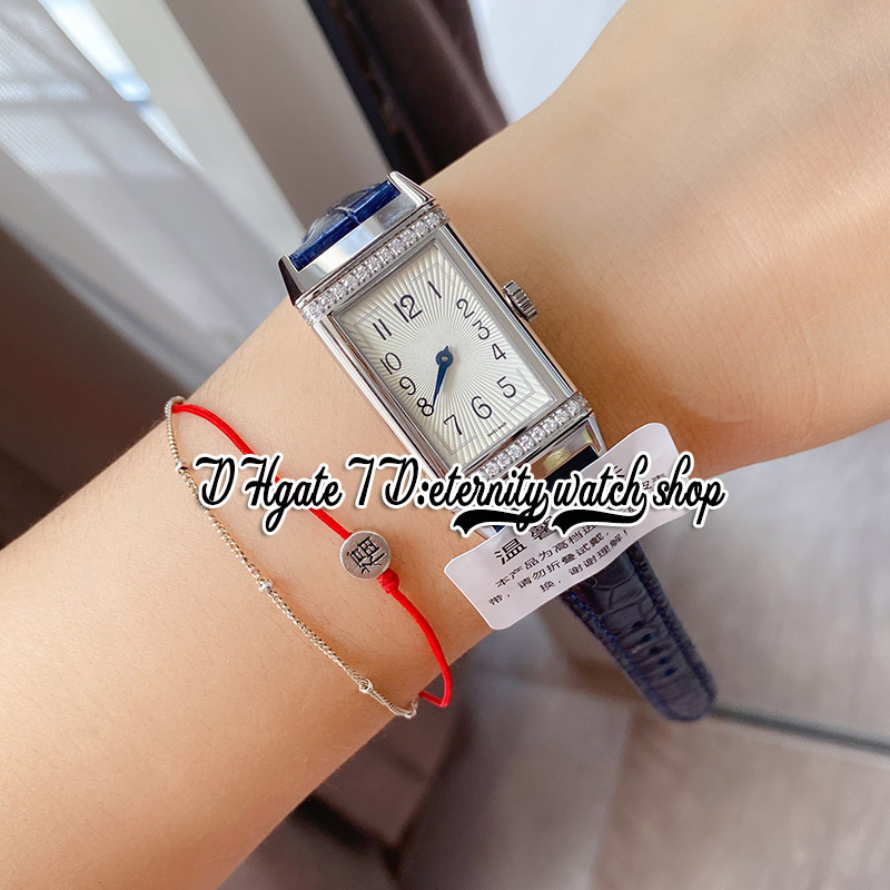 IM Reverso mg3288420 Womens Watch Swiss Quartz Movement White Texture Dial Diamonds Bezel Stainless Case Blue Leather Strap Super Edition eternity Ladies Watches