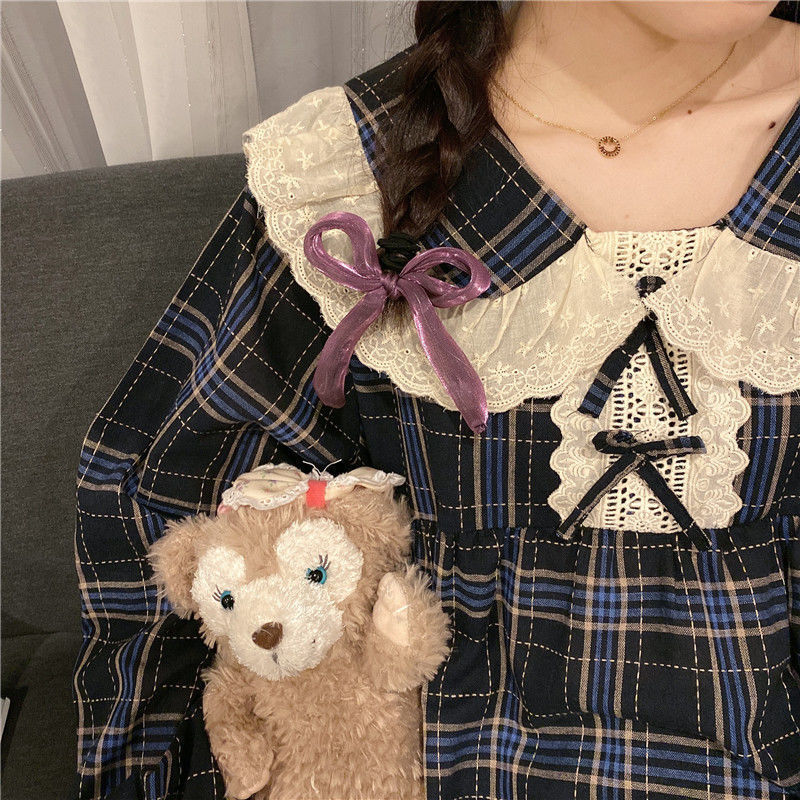 Women's Sleepwear Women Long Sleeve Plaid Pajama Sets Sweet Princess Lace Turn Down Collar Cute Korean Lounge Two Pieces Pyjamas Female 221007