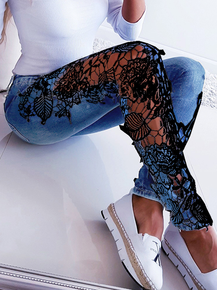 Jeans de mujer Encaje Floral Crochet Hollow-Out Otoño Mujer Elegante Sexy Denim Lápiz Flaco 221007