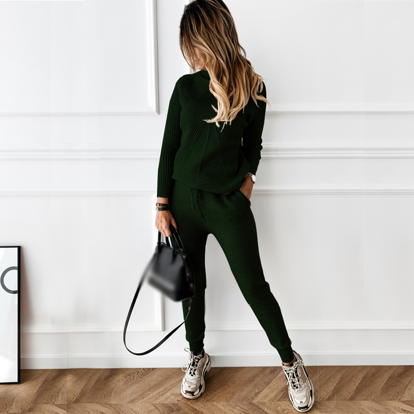 Calças de duas peças femininas Tyhru Autumn Winter Tracksuit feminino Color sólida Camisola listrada de gola alta e calças elásticas Ternos de malha de duas peças 221007