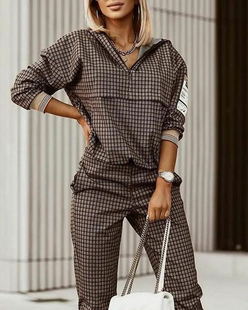 Damen Zweiteilige Hosen Mode Frauen Plaid Print Reißverschluss Vorne Mit Kapuze Top Hosen Set Zwei Stücke Anzug Flare Hosen outwear 221007