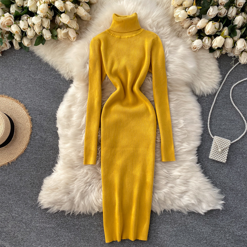 Casual Dresses for Women Sexy Turtleneck Knitted Bodycon Autumn Winter Long Sleeve Sweater 221007