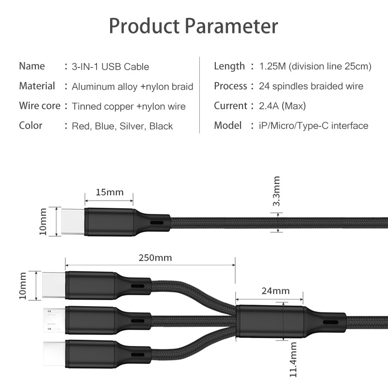 1.2m 3 في 1 كابلات شحن لـ iPhone Huawei LG Samsung Note20 S223 Micro USB Type C PD مع قابس الرأس المعدني مع صندوق البيع بالتجزئة