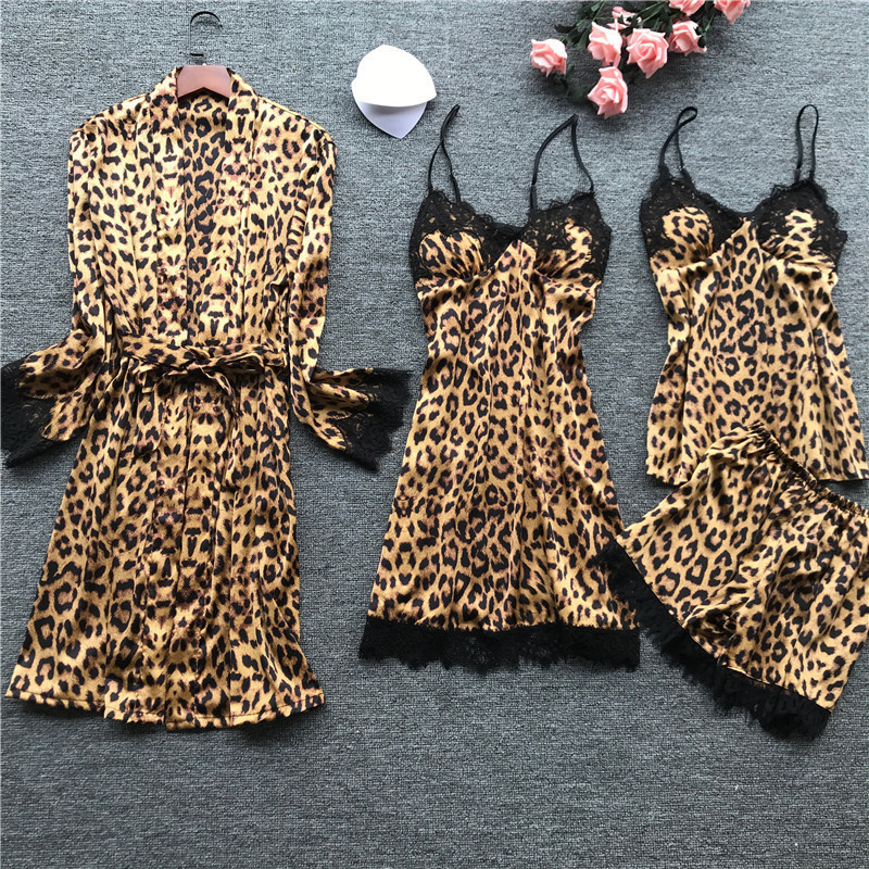 Kadın pijama lisacmvpnel bahar uzun kollu pijamalar kadın buz ipek moda leopar baskı seksi pijama seti 221007