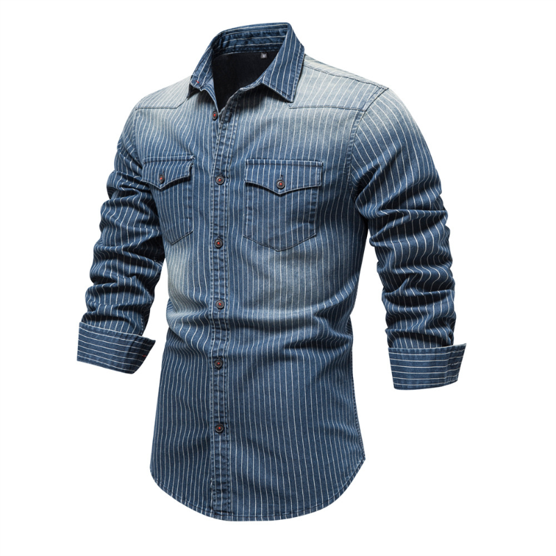 EBAIHUI Men's Long-sleeved Denim Shirts Male Cotton Shirt with Striped Lapel Solid Color Trim Commute Mens Clothing