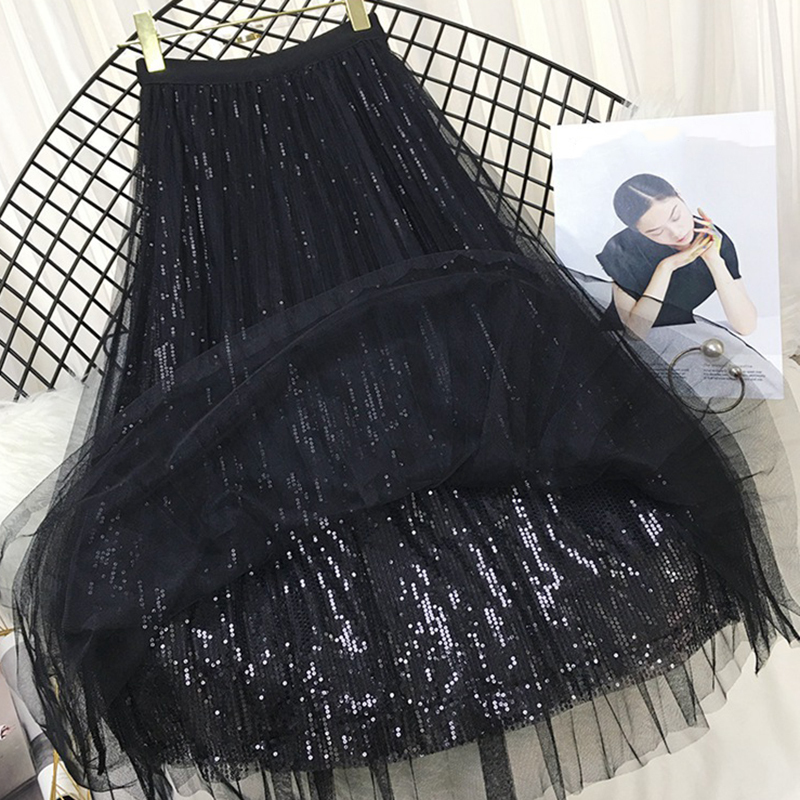 Skirts Lucyever Fashion Sequined Pleated Women Spring Summer Tulle A-line Long Skirt Female Elegant Chic High Waist Midi 221007