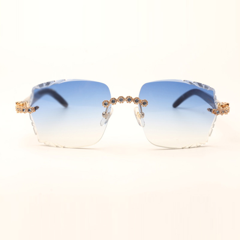 Blue bouquet Diamond Buffs Sunglasses 3524014 with Natural black textured buffalo horn legs and cut Lens 3.0 Thickness