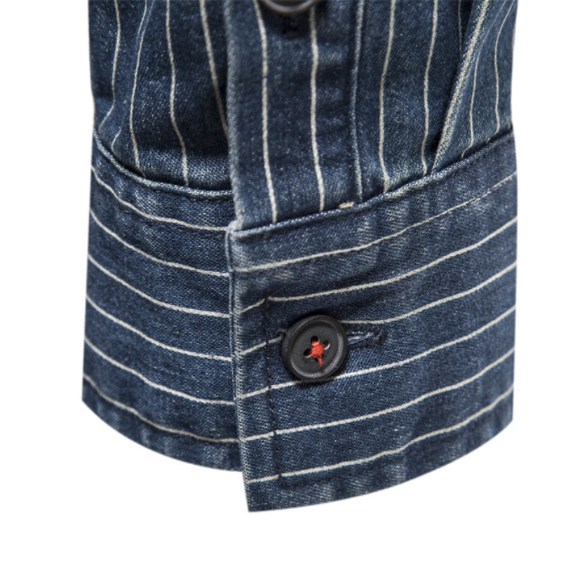 EBAIHUI Men's Long-sleeved Denim Shirts Male Cotton Shirt with Striped Lapel Solid Color Trim Commute Mens Clothing
