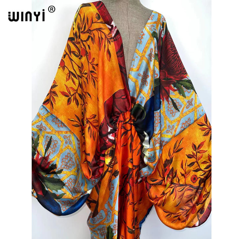 Casual Dresses Sexy bech high-quality hand-rolled feel silk rayon fashion print WINYI Maxi women's robes long beach V-neck Bohemian dress 221007