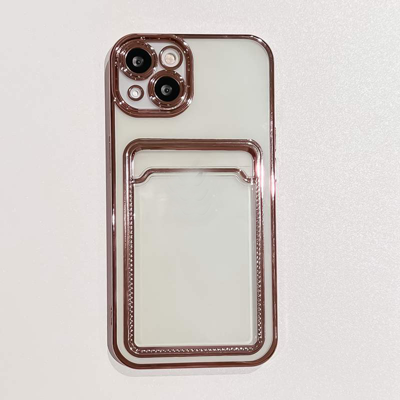 Étuis métalliques de poche pour cartes Bling pour iPhone 15 14 13 Pro Max 12 11 XR X XS 10 8 7 Plus Phone14 Fente pour carte d'identité de crédit à trou fin Placage de luxe en TPU souple Couverture arrière de téléphone transparente chromée
