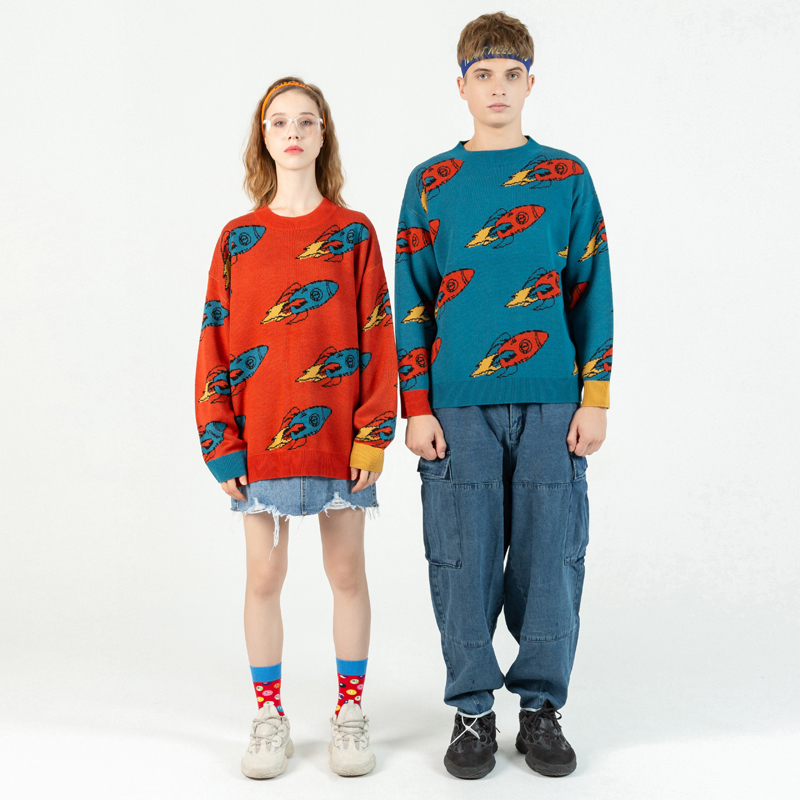 Erkek Sweaters Harajuku Sweater Erkekler Komik Roket Deseni SPANDEX O-YAZLI Boy büyüklüğünde Hip Hop Sokak Giyim Sonbahar Erkek Kadın Sweaters 221008