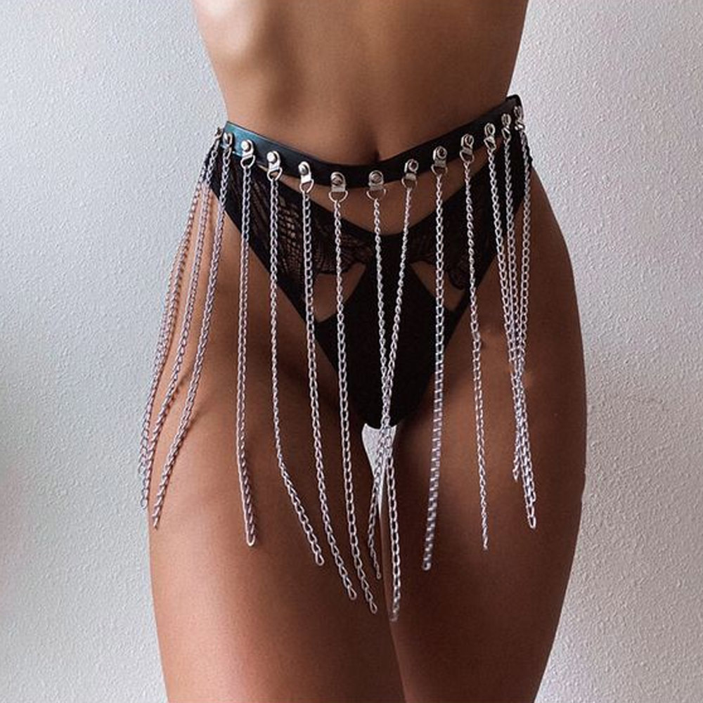 Andra Goth Tassel Black Leather Chain Belly Midja Kort kjolklänning Lår Harness Sexig kroppskedjekiral Kjol Punk Rave Festival Outfit Gift 221008