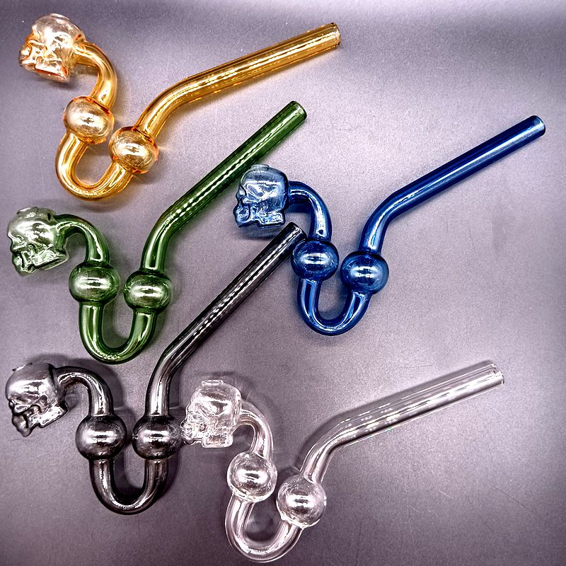 Colorful Skull Bent Smoking Pipes Oil Burner Water Bongs Thick Glass Tobacco Accessories