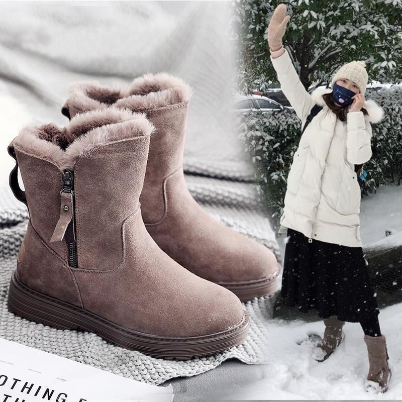 Boots Women Snow Plush Flock Zip Solid Female Midcalf مريحة حافظ على أزياء الفراغات الشتوية الدافئة
