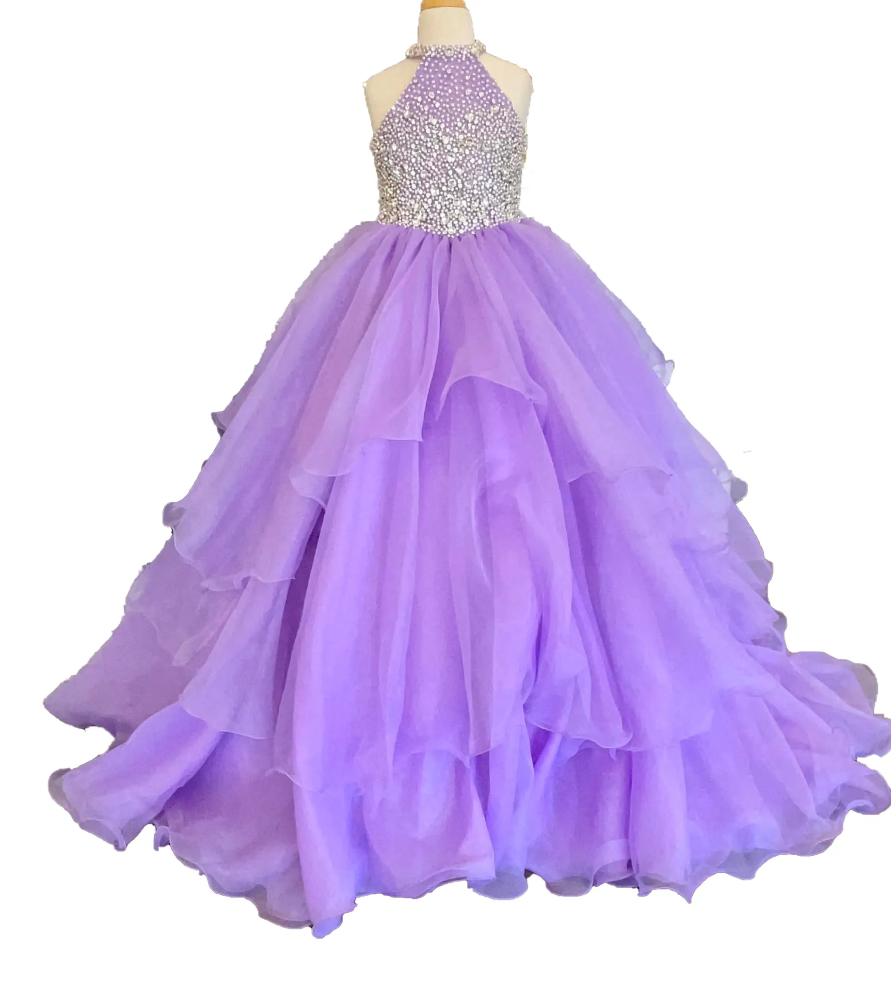 Halter Girl Pageant Dress 2023 Ballgown Crystals Beaded Organza Kids Birthday Formal Party Dress
