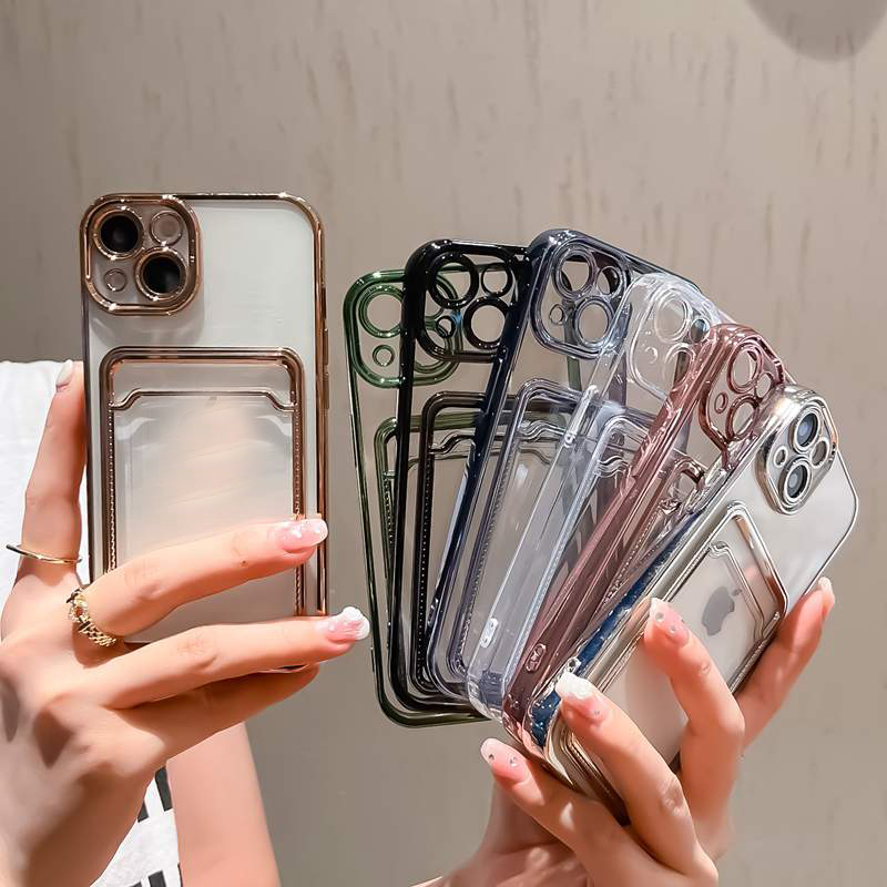 Bling Card Pocket Metallic Cases For IPhone 15 14 13 Pro Max 12 11 XR X XS 10 8 7 Plus Phone14 Fine Hole Credit ID Slot Soft TPU Luxury Plating Chromed Clear Phone Back Covers