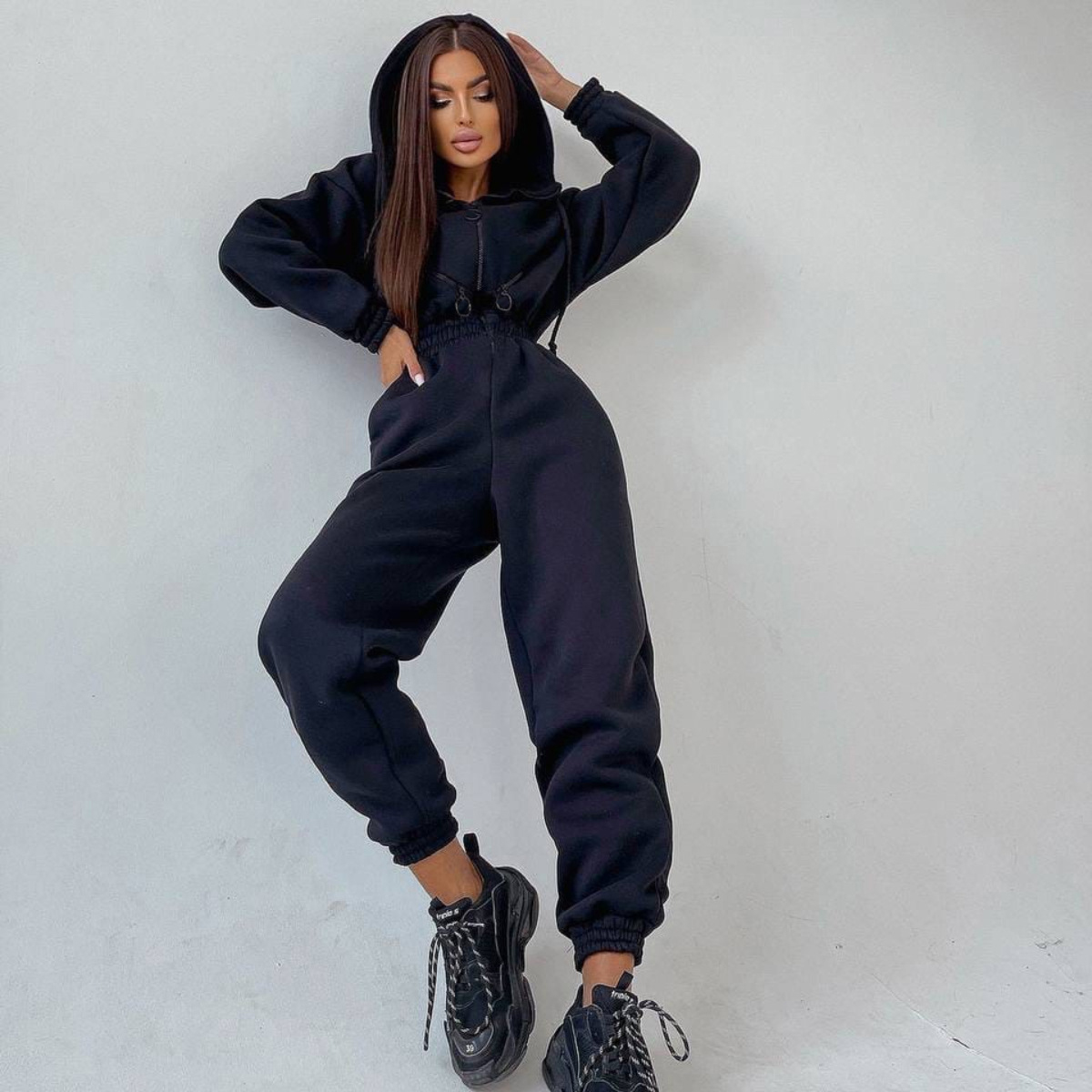 Women Basic Hoodie Jumpsuit Zipper Drawstring Overall Tracksuits High Waist Elasticity Streetwear Tracksuit Rompers Casual One Piece Outfit