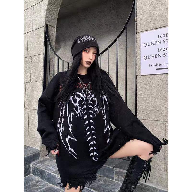 Men's Sweaters Hip Hop Streetwear Knitted Sweater men Gothic Letter Bat Skeleton Print Pullover autumn Harajuku Cotton sweater women 221008