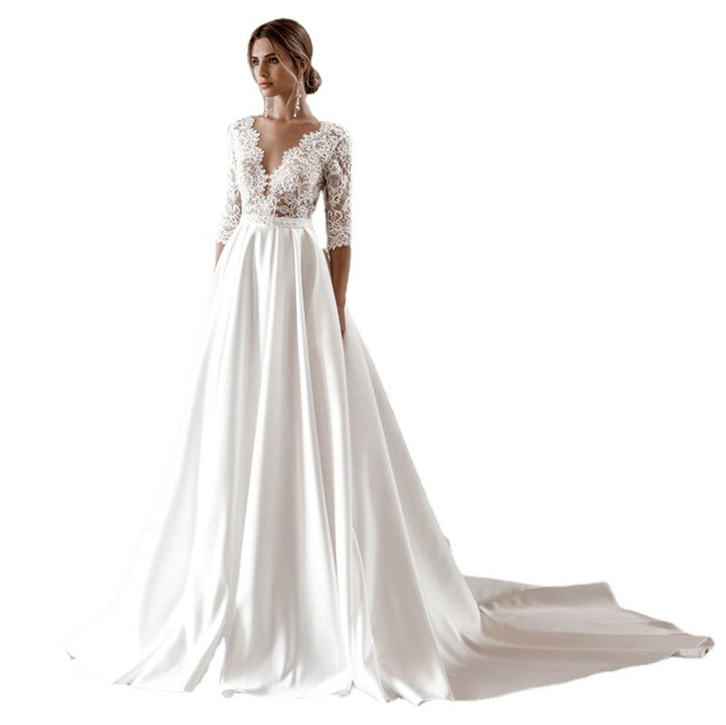 Col en v original dentelle applique aline robes de mariée corsage empire taille mat satin demi manches robes de mariée 9670498