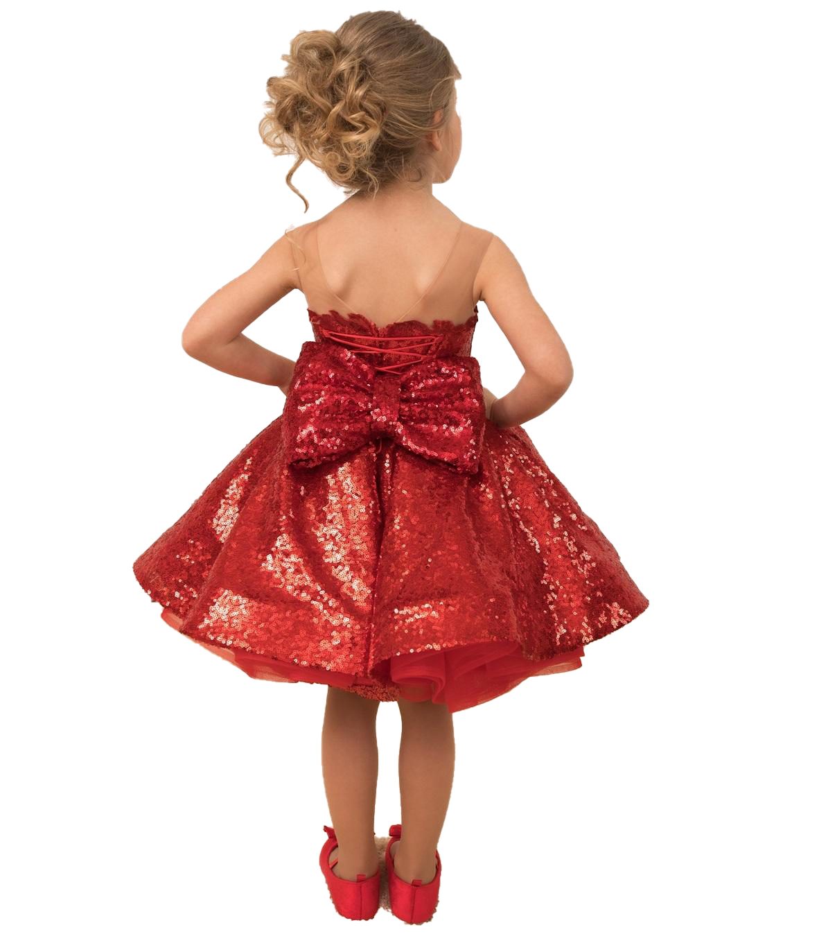 Sparkle Sequins Little Girls Pageant Dresses 2023 Removable Tulle Train Ballgown Hi Lo Kids Christmas Birthday Cocktail Party Gowns with Bow Custom Made High Low Red