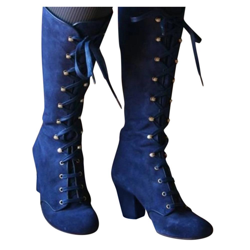 Boots Black boots women Shoes knee high Women Casual Vintage Retro MidCalf Lace Up Thick Heels 221007