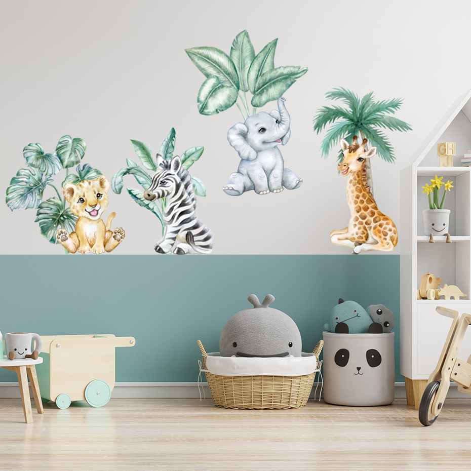 Stickers muraux Dessin animé animaux africains Lion feuilles tropicales aquarelle pépinière autocollant mural peler et coller stickers muraux chambre d'enfants décor à la maison 221008