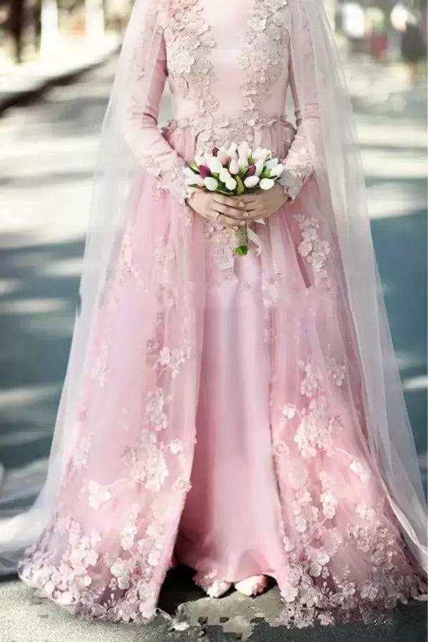 Mulism Hijab a-line Wedding Dresses Floral Lace Appliques Pink Bridal Gowns Long Sleeve High Neck Middle East Arabic Dubai Islamic Robe De Mariee