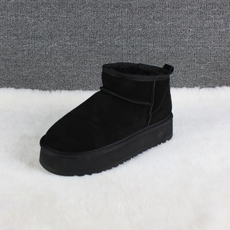 Australien Mini Plattform Stövel Designer Kvinna Män Stövlar Fuzzy Mule Äkta Läder Slip-on Päls Ankel Snö Stövlar Tjock botten Bottes EU43