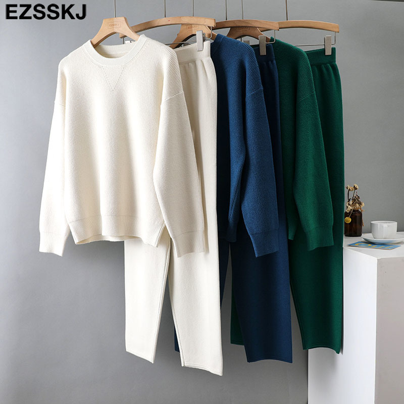 Pontas de duas peças de duas peças Ezsskj 2 peças conjunto de suéter feminino tracksuit sweater sweater solto calça chique suéter de malha de malha de cenoura Conjunto 221007