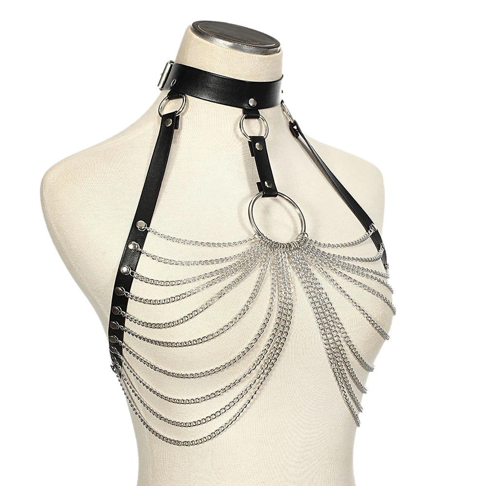 Andere Goth Harness Leder Brustkette BH Strumpfgürtel Top Sexy Quastenschichten Metall Körperkette Schmuck für Frauen Gothic Accessoires 221008