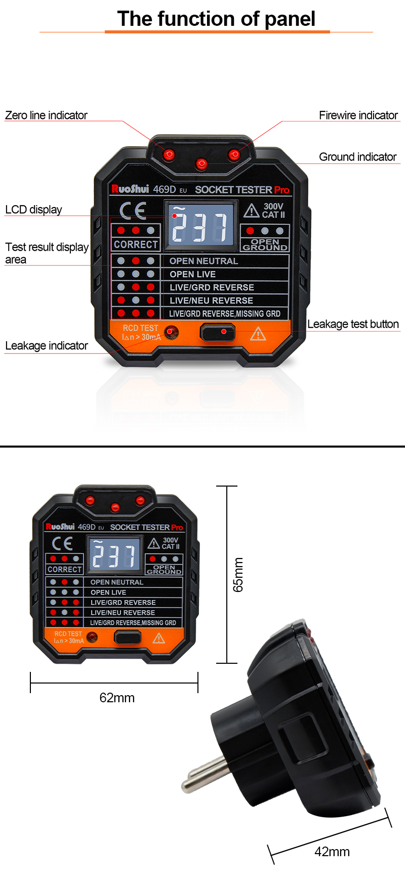 Tester prese in plastica strumenti elettrici Multimetro digitale Ruoshui 469D Interruttore spina UE USA