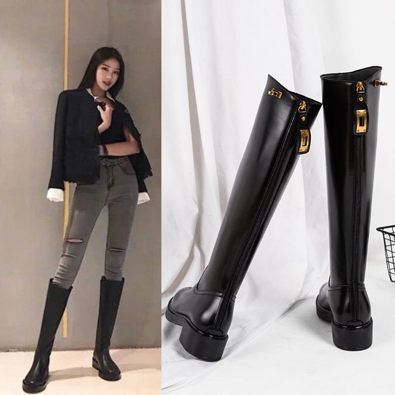 Stivali Aphixta Winter Warm Long Womens High Metal Lock Catch Shoes Zipper Platform 45cm Square Heel Botas Mujer 221007