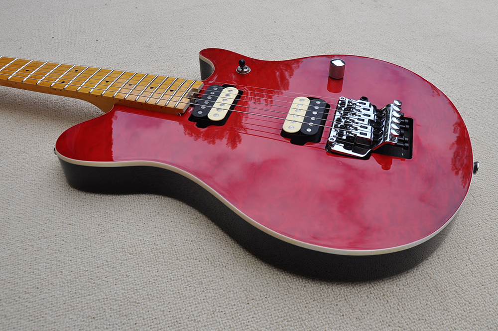 Fabrikspezifische rote E-Gitarre mit gestepptem Ahornfurnier und Ahorngriffbrett, doppelter Rock-Brücke, kann individuell angepasst werden
