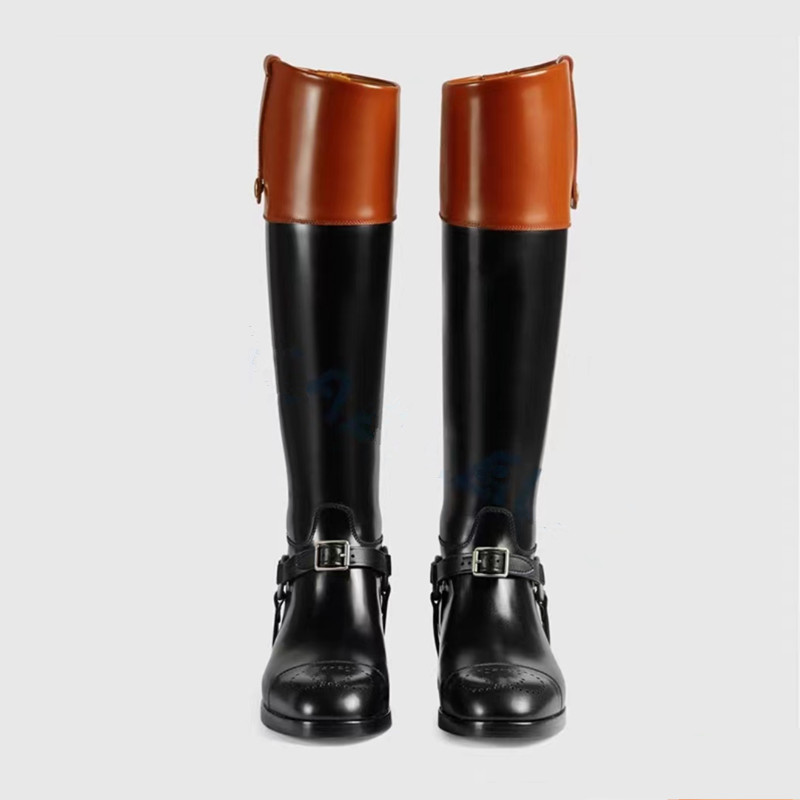 Mixed Color Belt Buckle Flat Knee Boots Women Round Toe Vintage Riding Boots Low Heel Leather Boot Runway Designer Shoes