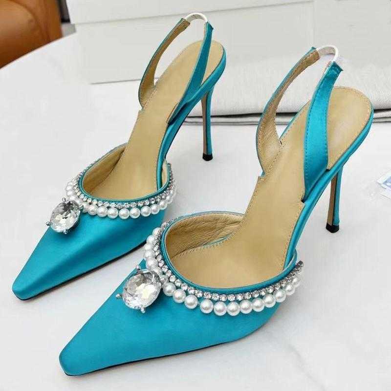 fashion High heeled sandals 100% Leather summer Women Fine heel Heels shoe sexy Pearl Satin Womens Shoes cloth lady Diamonds Pointed shoes Large size 35-41-42 With box