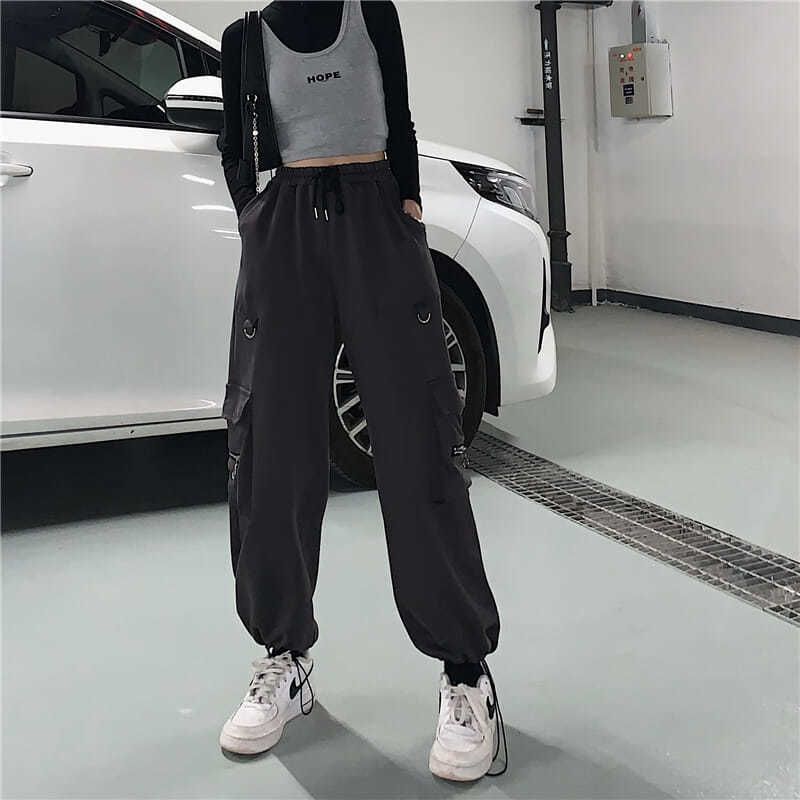 Womens Pants Capris Emo Women Fashion Techwear Black Alt Cargo Pants Hippie Streetwear Punk High Waist Korean Oversized Trousers Sweatpants Clothes 221007