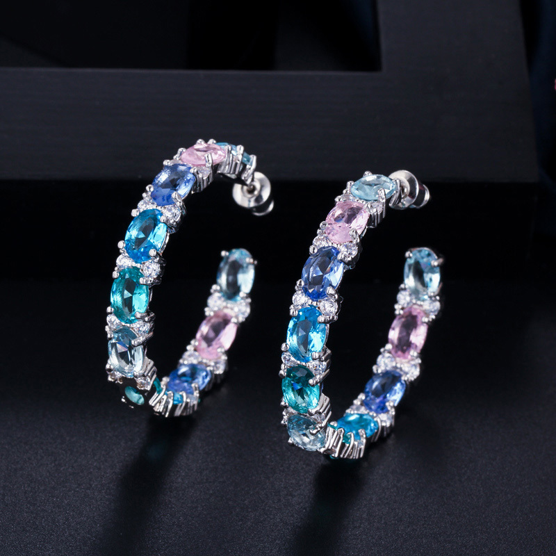 Hoop Huggie Cwwzircons Big Circle Round Multi Color Blue Cubic Zirconia Crystal Women Earrings Luxury Cz Jewelry Gift CZ580 2210081237596