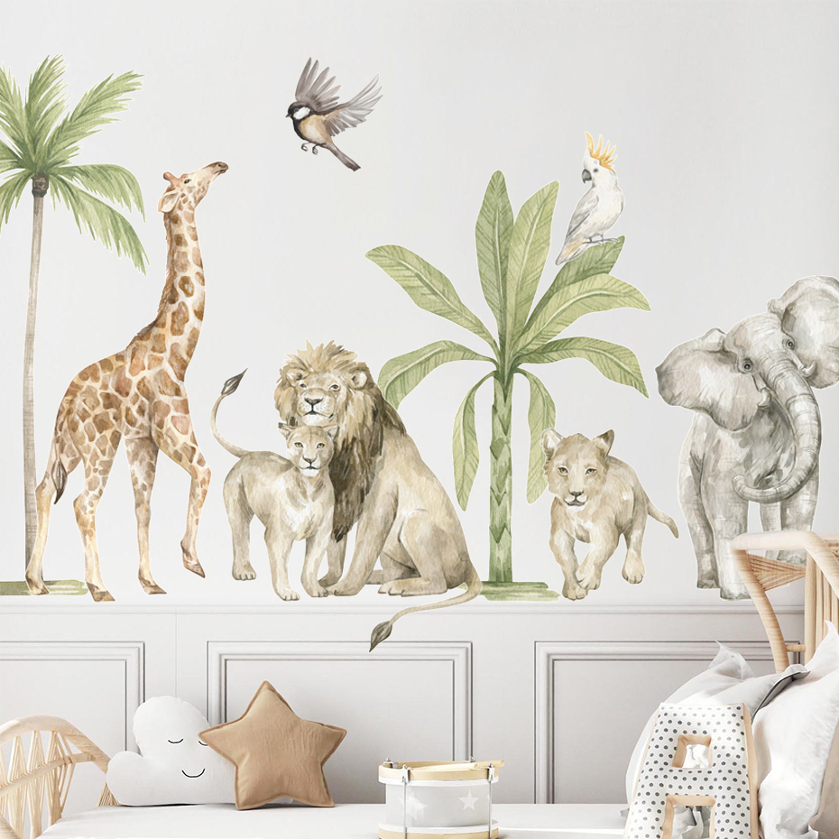 Stickers muraux Boho Grand Lion Africain Girafe Animaux Sauvages Arbre Tropical Aquarelle Sticker Mural Pépinière Stickers Muraux Enfants Garçons Chambre Décor À La Maison 221008