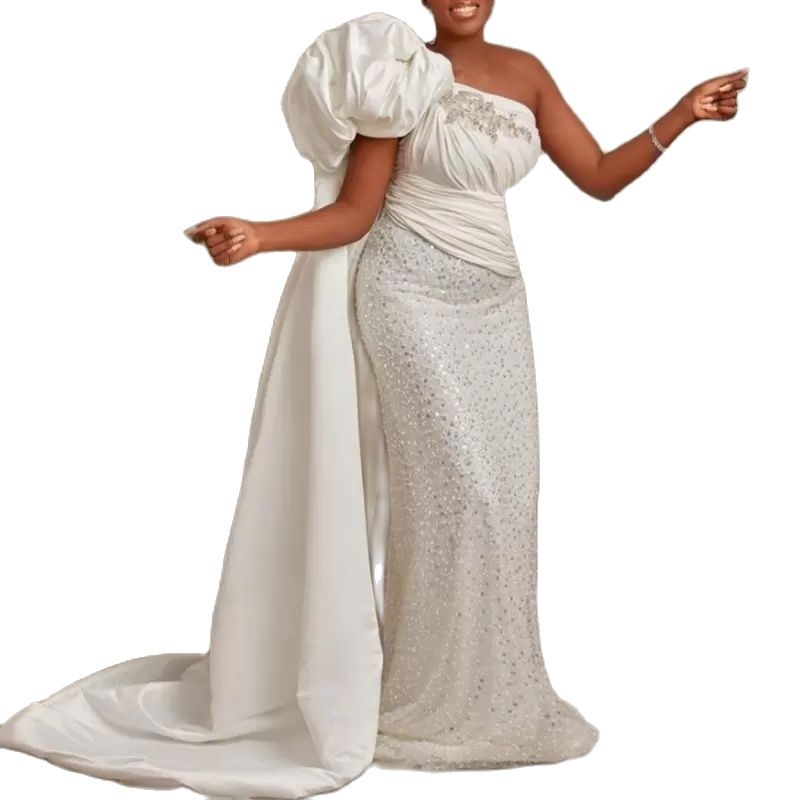 Robes de bal blanches grande taille avec enveloppement paillettes brillantes une épaule appliques perles robes de soirée personnaliser robe de soirée sirène