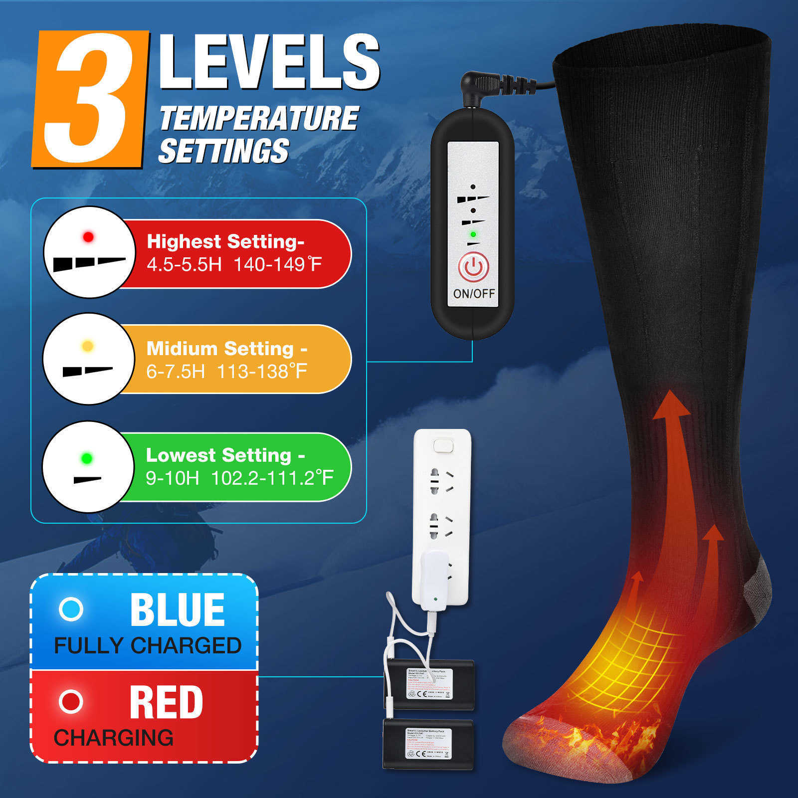 Men And Women Socks Heated Rechargeable Heating Sock Adjustable Temperature Warm Long Tube Electric Socks Foot Warmer