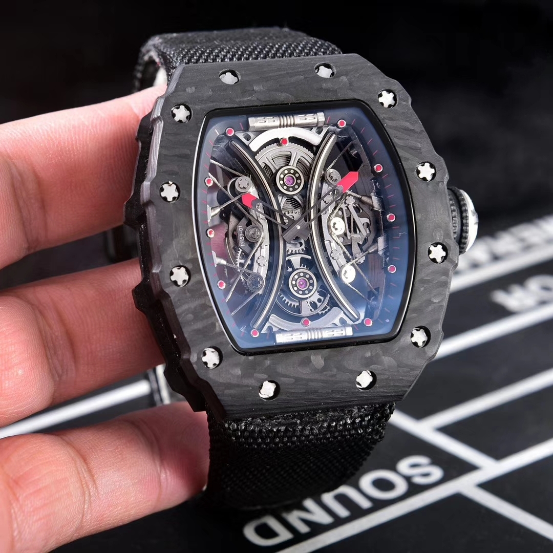 Men's mechanical watch barrel shaped 50/43/16mm black carbon fiber case fully automatic winding Japanese original hollow movement rubber belt luxury watch