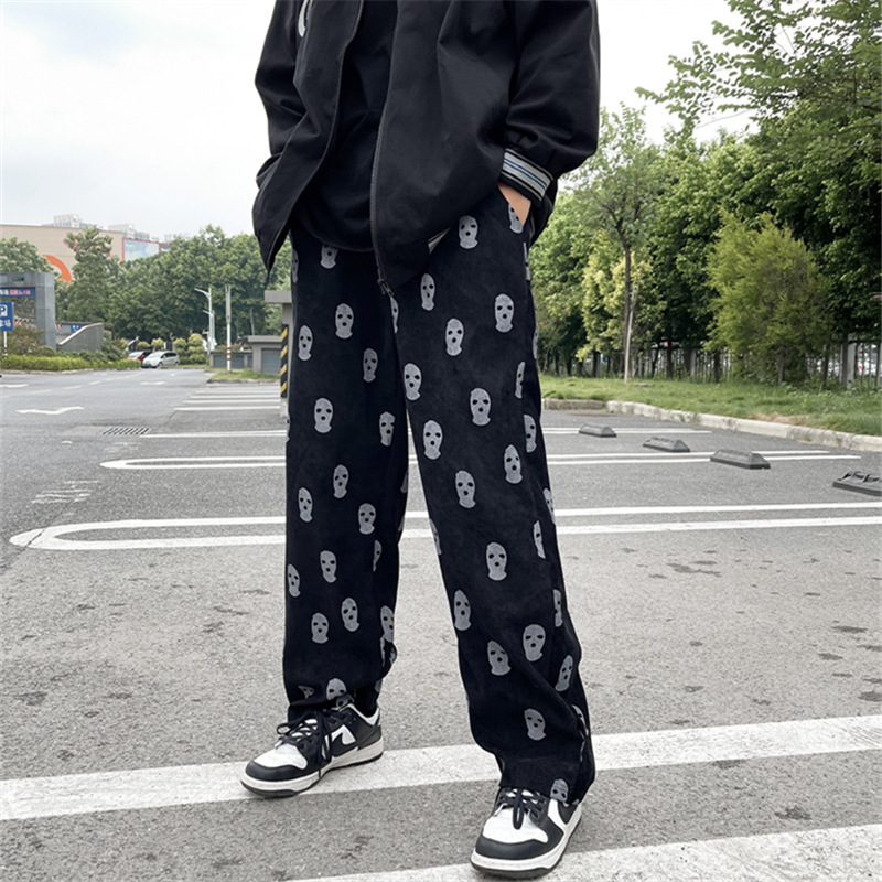 Mens Pants Preppy Style Skull Full Print Drawstring Casual Corduroy Men Baggy Pants Hip Hop Straight Sweatpants Male Loose Trousers 221007