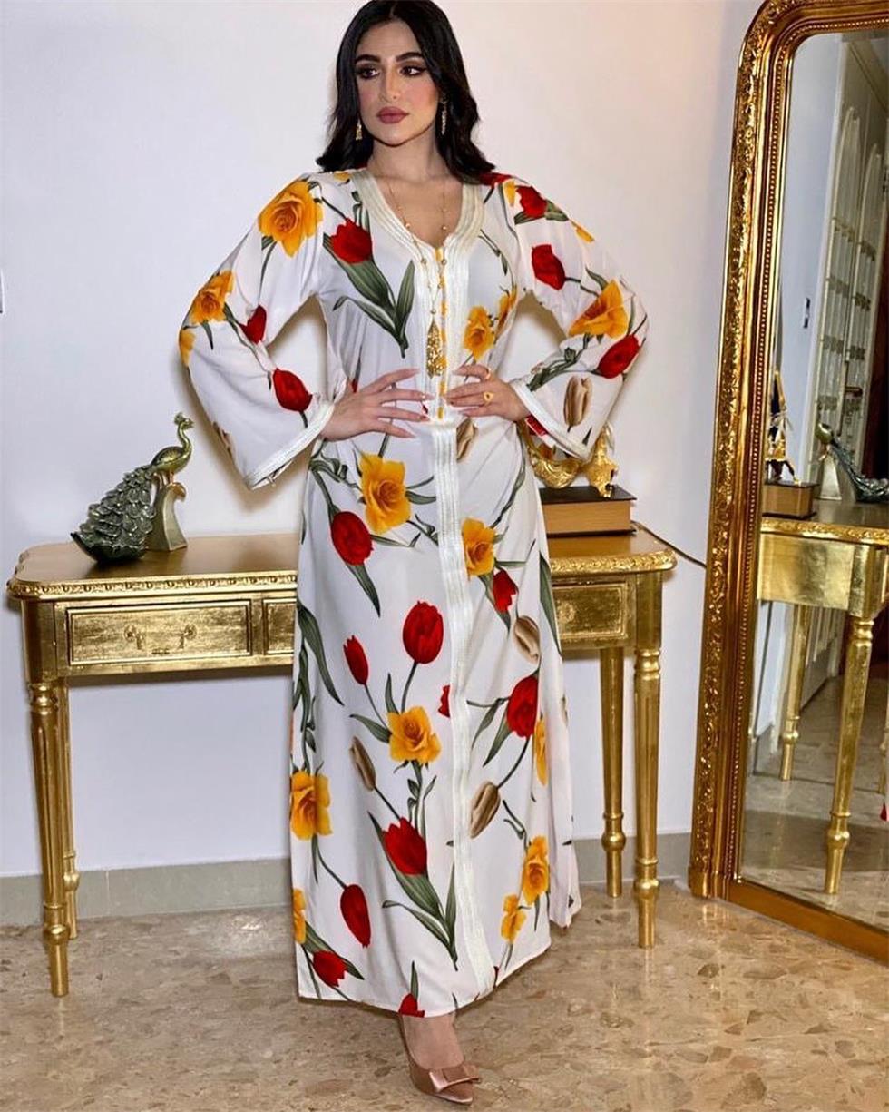 Muslimska special tillfälle klänningar tryckt lång blommig turkisk klänning Abaya Dubai Party BT007