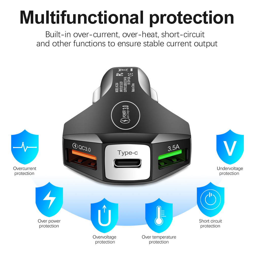 7A 35W billaddare 3 Ports Snabbladdning QC3.0 USB Typ C PD Snabbladdning för iPhone Xiaomi Redmi Oppo Vivo Huawei Adapter