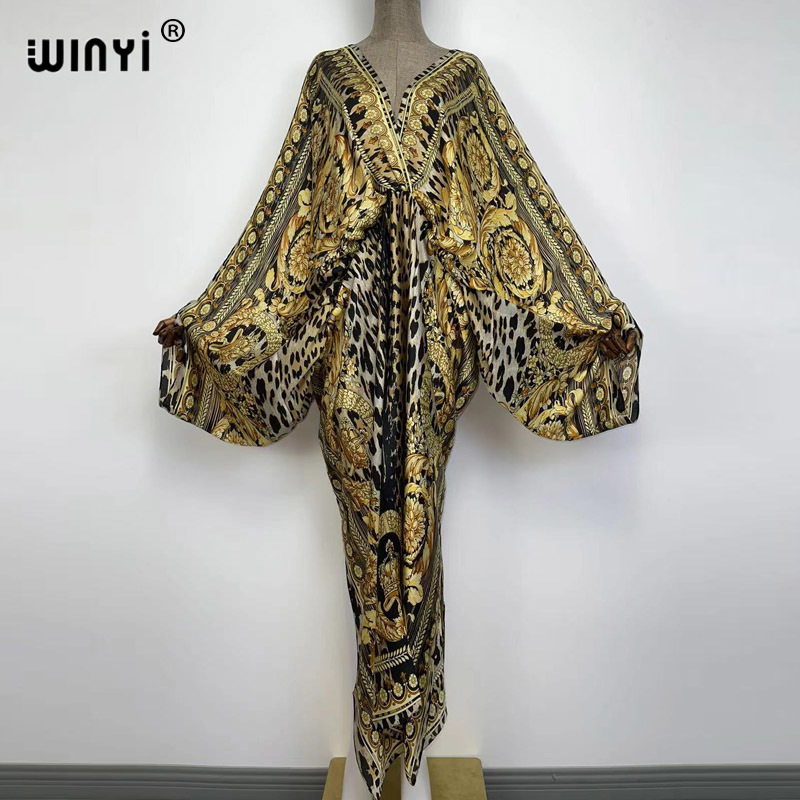 Casual Dresses Sexy bech high-quality hand-rolled feel silk rayon fashion print WINYI Maxi women's robes long beach V-neck Bohemian dress 221007