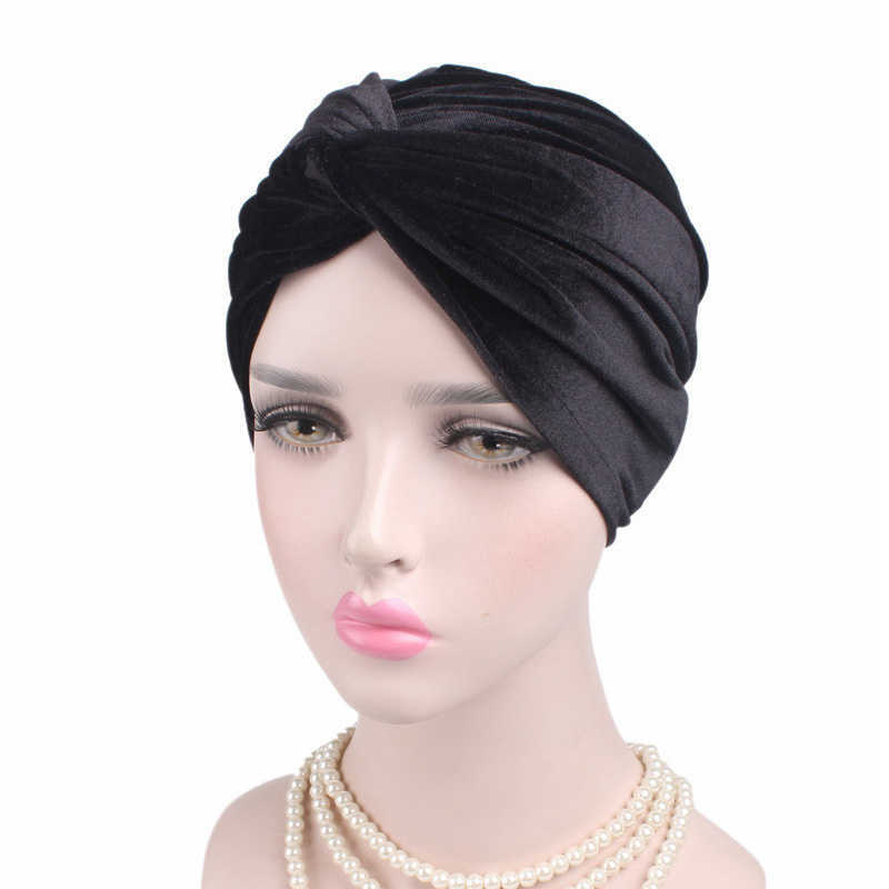 Tiaras novas mulheres veludo turbante chapéu macio estiramento cruz torção boné muçulmano cabeça cachecol feminino elegante cor sólida quimio acessórios de cabelo presente