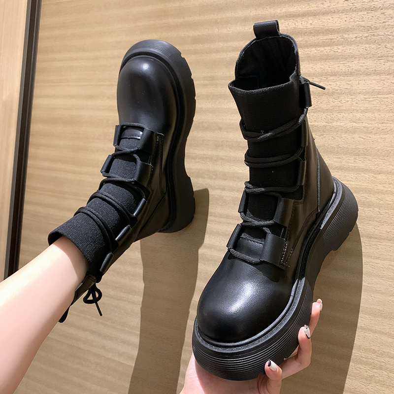 Boots Women Stretch Rubber Short Ankle Female Shoes for 2022 Autumn Fashion Round Toe CrossTied Black 221007