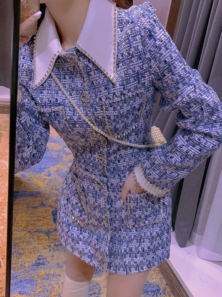 Women's turn down collar rhinestone jumpsuit blue tweed woolen long sleeve rompers shorts bodysuit SMLXL